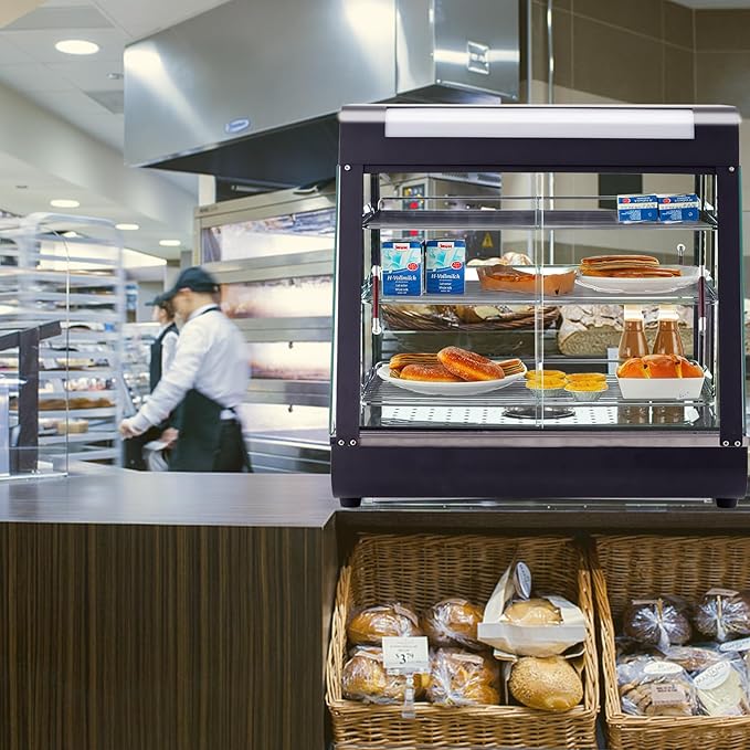 27 inch Food Display Warmer Case,3-Tier Countertop Food Warmer Display, Glass Showcase, with Removable Shelves,LED Lighting Pastry for Catering Pizza Buffet Restaurant