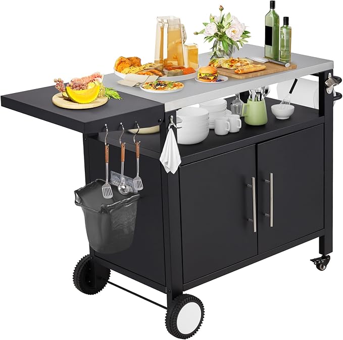 Outdoor Kitchen Storage Cabinet on Wheels, Grill Prep Table Kitchen Cabinets Island with Stainless Steel Top, Extension Plate, Outdoor Pizza Oven Stand Table for BBQ Patio Backyard