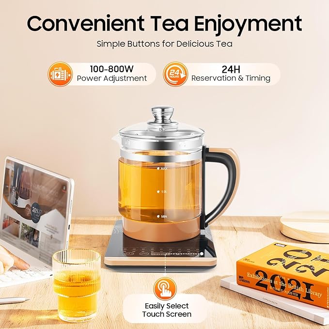 Health Pot Glass Electric Kettle for Tea & Coffee, Temperature Control Electric Kettle with Steamed Eggs Holder, 18 Smart Menu Health Pot Reservation & Timing Tea Infuser for Tea,002