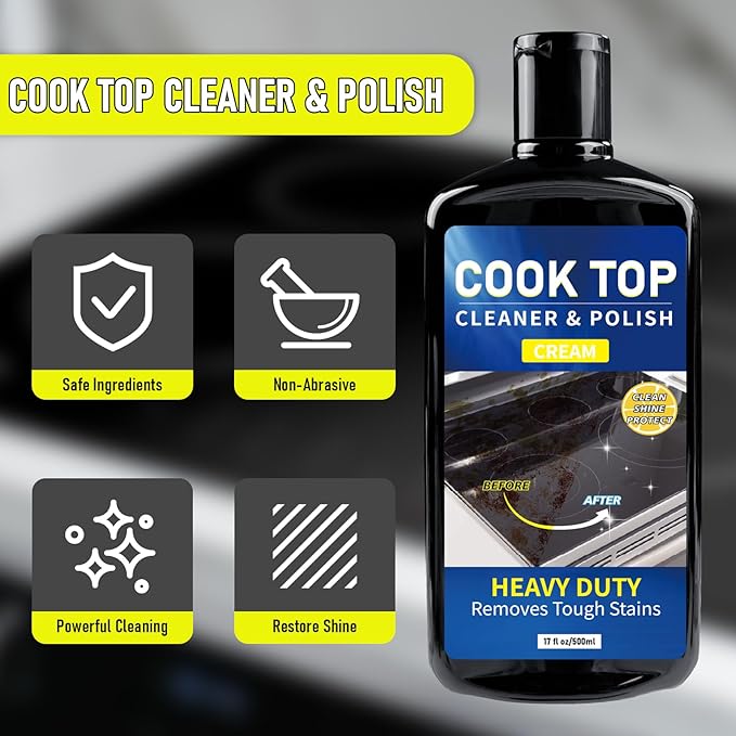 Cooktop Cleaner Kit,17 oz Glass Top Stove Cleaner and Polish,Stove Top Cleaner Kit with Scraper,Scrubbing Pad,Removes Tough Stains