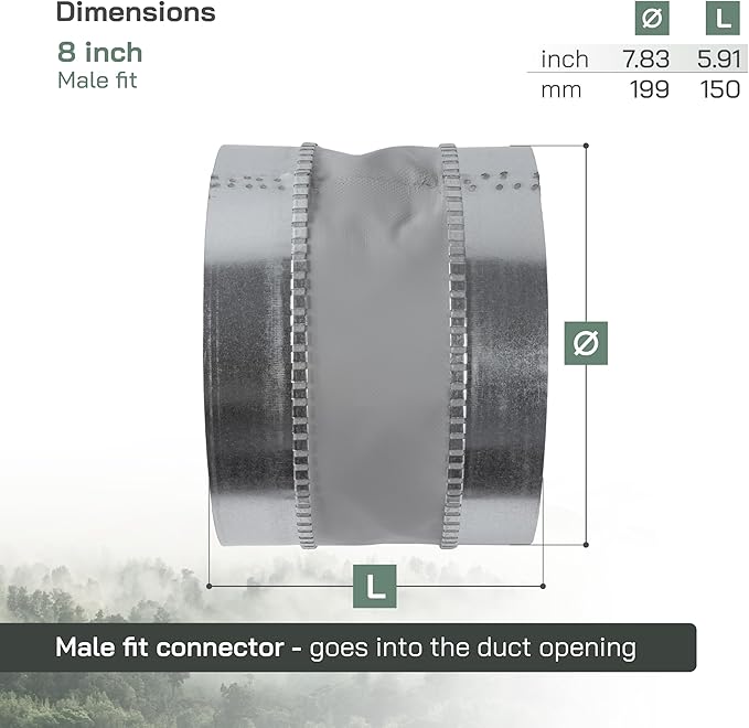 Vent Systems 8" Inch Flexible Vibration-Reducing Male Fit Duct Connector – Round Galvanized Steel Dryer Vent Hose Connector, Spiral Duct, Pipe Extender, HVAC Ventilation - Inline Duct Work Coupler