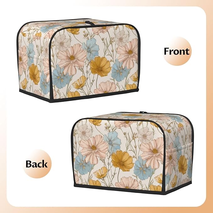 2 Slice Toaster Cover for Kitchen Vintage Flower Botanical Waterproof and Dustproof Toaster Dust Cover with Side Pockets Decorative Universal Cover for Wide Slot Toasters and Small Appliances
