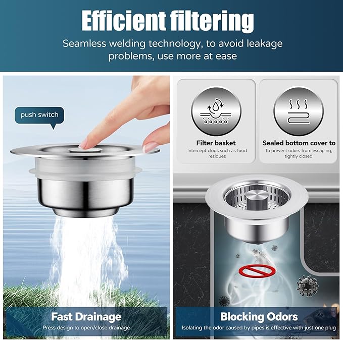 Kitchen Sink Drain Strainer, 4 in 1 All Stainless Steel Sink Strainer, Pop Up Anti-Clogging Sink Stopper, Sink Strainer with Copper Bounce for US Standard Sink Accessories, 2 Packs