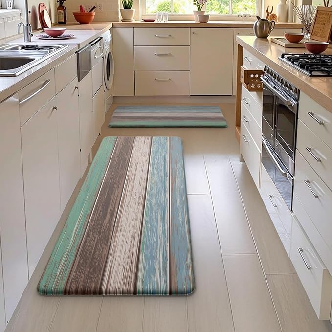 MAYHMYO Anti Fatigue Kitchen Mat for Floor Set of 2 Teal Farmhouse Comfort Mats Cushioned Non Slip Waterproof Kitchen Rugs Standing Kitchen Mats for Floor House Sink Office