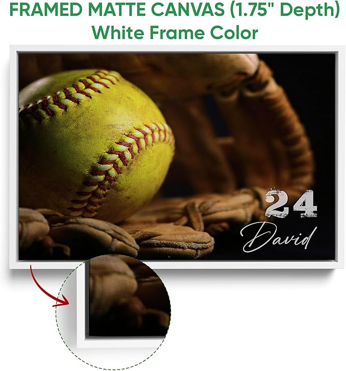 Personalized Softball Poster & Framed Canvas, Softball Old Glove Vintage Home Office Decor, Custom Name Number Bedroom Living Room Aesthetic Wall Art Gift For Girl, Women
