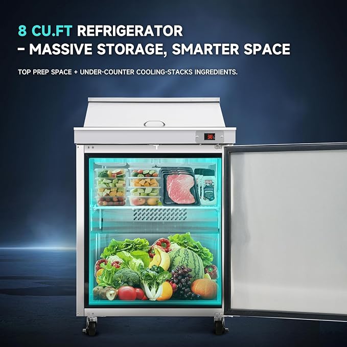 29"W Commercial Sandwich Prep Table Refrigerator - Stainless Steel Door with 8 Pans, 8 Cu.Ft Capacity, Auto Defrost, Digital Temperature Control for Restaurants, Delis, Catering & Convenience Stores