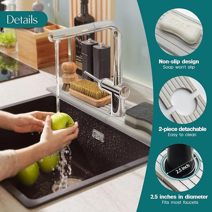 30 Inch Faucet Mat for Kitchen Sink - Instant Dry Sink Protector for Countertop, Extra-Long Diatomaceous Earth Stone Sink Tray Around Faucet for Kitchen Bathroom RVs (Light Grey, 30" x 3.9")