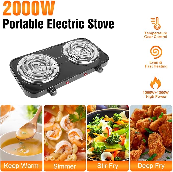 2000W Double Burner Cooktop, Portable Electric Stove, Coil Hot Plate Cooking Stove with 5 Temperature Adjustments, Countertop Burner Cooktop for Camping Home Dorm