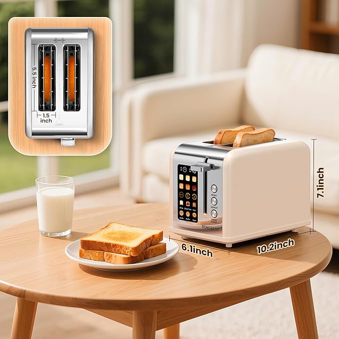 2 Slice Easy Touch Screen Toaster, Stainless Steel Toaster with Wide Slots, Even Toasting for Bagels & Bread, Reheat & Defrost, Removable Crumb Tray, Cream Color