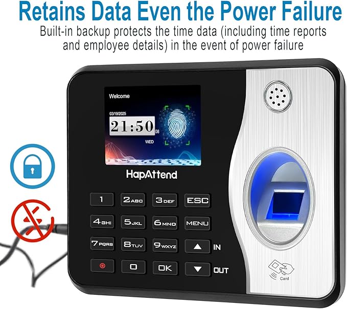 Time Clocks for Employees Small Business Automatic Calculate Hours, 0 Monthly Fees Fingerprint Time Clock, H3 Standalone Biometric Clock in Machine for Employees with 5 RFID Cards (No WiFi)