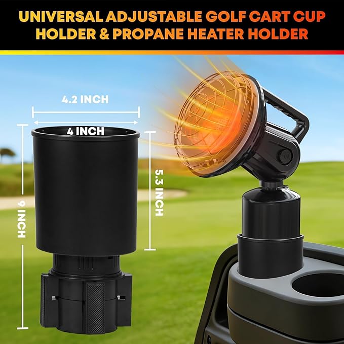 Golf Cart Cup Holder & Propane Heater Holder Universal Adjustable, Fits EZGO, Club Car, Yamaha, Higher Cup Holder for Securely Holds 16 oz Propane Tanks, Golf Cart Heaters & Large Drink Container