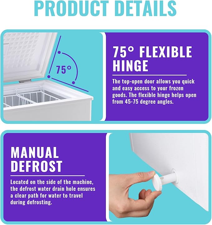 Large Capacity Chest Freezer Ultra-low Temp Compact Deep Freezers (Down to -11.2 ℉) with TWO Removable Baskets Accurate Display of Cabinet Temp Freestanding White