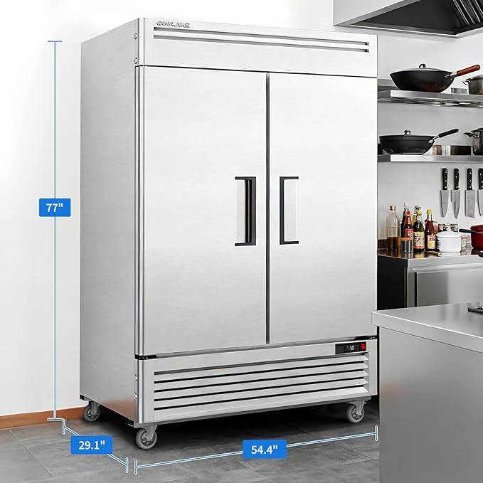Coolake 54" W Commercial Freezer, 49 Cu Ft Solid Door Upright Freezer with 8 Adjustable Shelves, -13°F ~ -5°F, Frost-free Stainless Steel Industrial Reach-in Freezer for School Restaurant Prep Kitchen