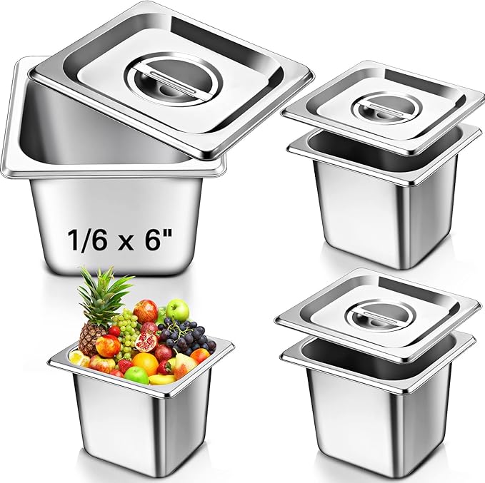 Baderke 4 Pack 1/6 Size Hotel Steam Table Pans with Lids, 6 Inch Deep 0.7 mm Thick 304 Stainless Steel Hotel Pans for Food Warmer, Cooking, Catering, Buffet and Commercial Kitchen Use