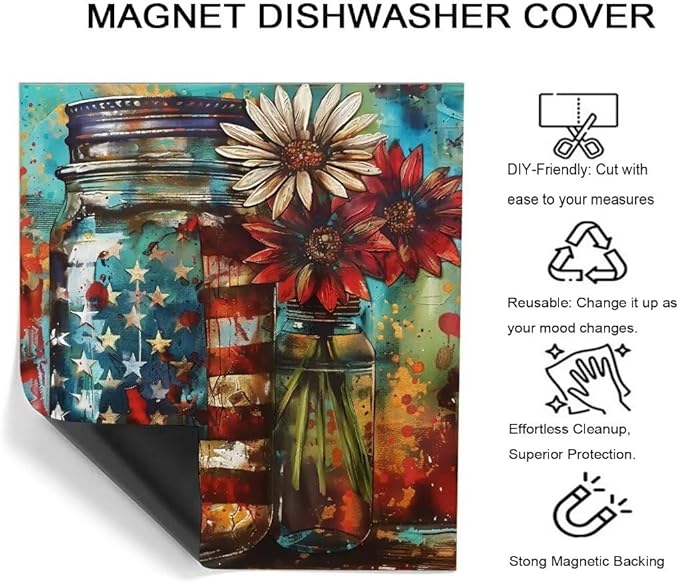Farm Sunflower American Independence Memorial Day Dishwasher Magnet Cover,23" x 26" Dishwasher Cover,Magnetic Decal Vinyl Sticker Kitchen Decor Refrigerator Magnets Self Adhesive Wrap