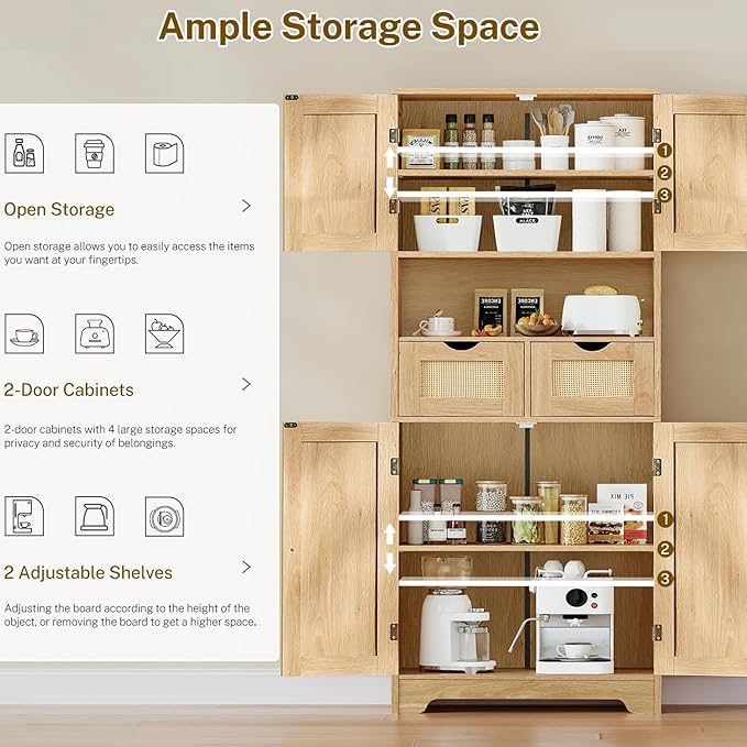 TEENFON 57.8" H Tall Storage Cabinet with 2 Drawers & 2 Adjustable Shelves, Rattan Cabinets with 4 Doors, Cupboard, Kitchen Cabinets, Pantry Cabinet, Tall Cabinet for Living Room, Entryway, Natural