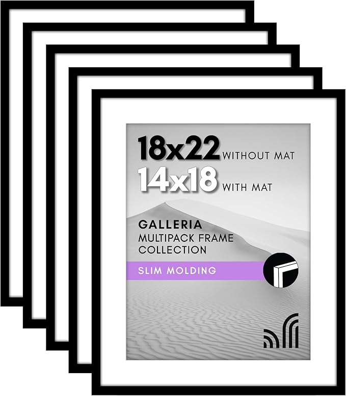 Americanflat 18x22 Picture Frame with Polished Plexiglass - Set of 5 - Use as 14x18 Frame with Mat or Display 18x22 Photo Without Mat - Galleria Collection - Picture Frames for Wall Display - Black