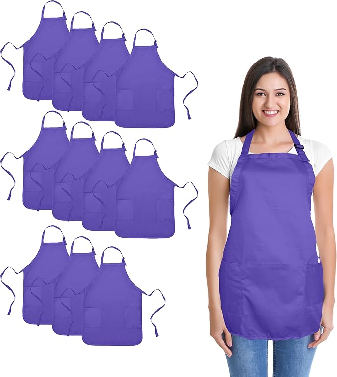 DALIX Apron Commercial Restaurant Home Bib Spun Poly Cotton Kitchen Aprons (2 Pockets) (12, Purple)