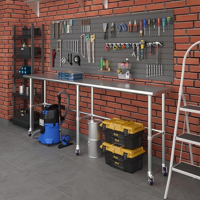 Stainless Steel Work Table Open Base & Wheels | Work Station | Metal Work Bench (Stainless Steel Work Table Open Base + Casters) (96" Long x 18" Deep)