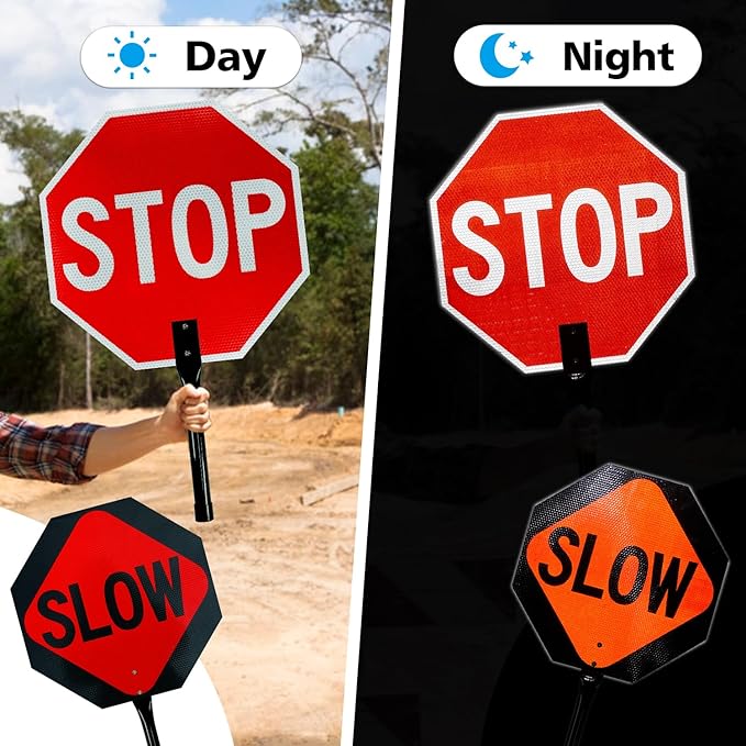 GicnKeuz Stop Slow Sign with Metal Handle, 18x18 inches Double Sided Slow/Stop sign, Traffic Reflective Aluminum Sign, Fade Resistant/Waterproof, Easy to Mount (1 Pack)