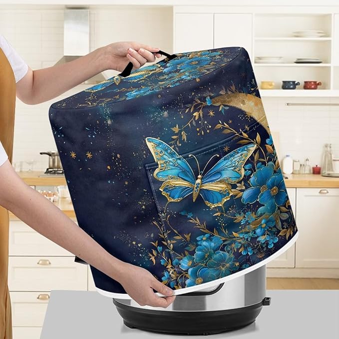 Blue Butterfly Pressure Cooker Cover for Women Dust Protection Insulated Rice Cooker Cover Water Resistant Dust Cover with Pockets for Instant Pot 8 Quart Vintage Appliance Cover for Kitchen