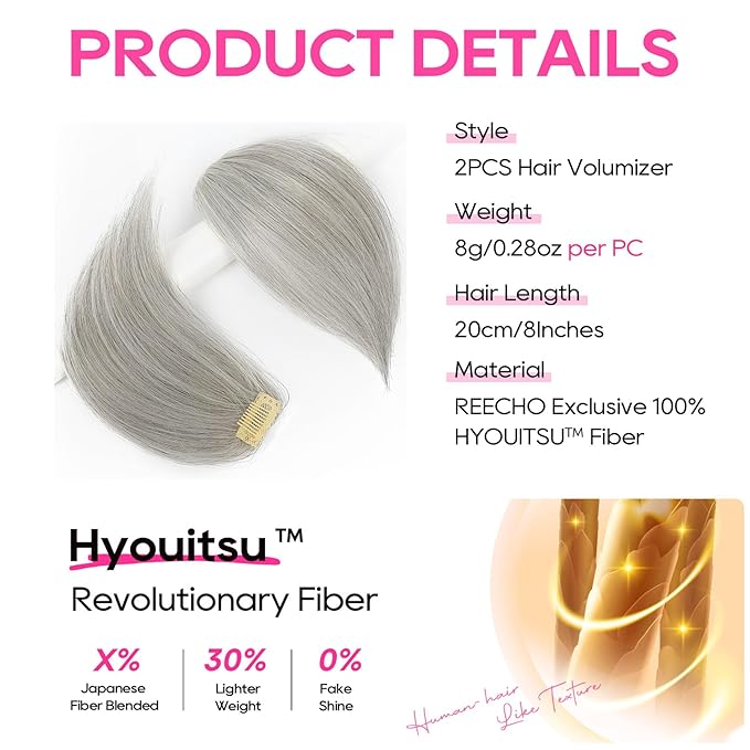REECHO Clip in Hair Volumizer, Short Thick Clip in Hairpieces Adding Extra Hair Volume Extensions for Women with Thin Fine (Silver Grey, 8 Inch(Pack of 2))