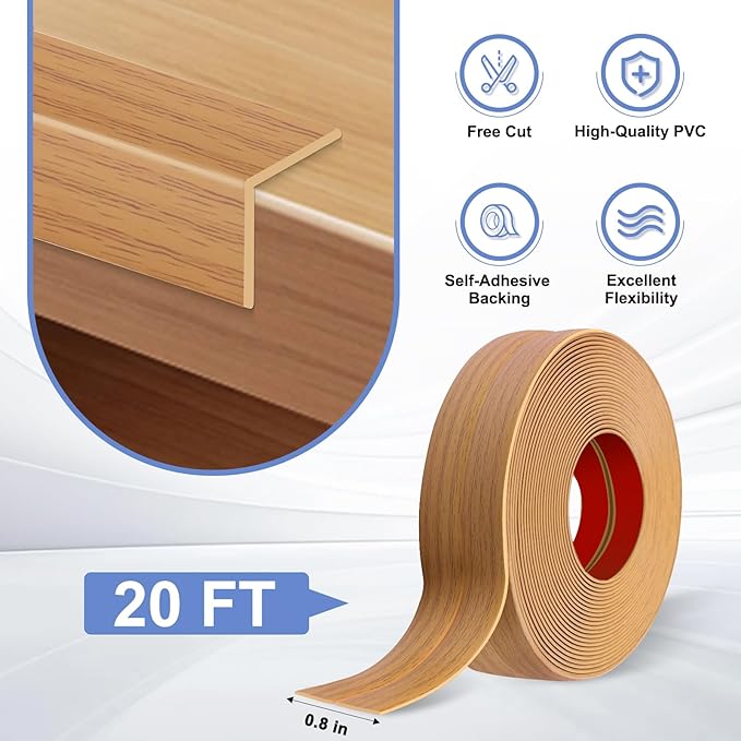 Wall Corner Protector Moulding Trim Peel and Stick Wall Corner Guards Trim Flexible Self Adhesive Edge Protector Moulding, 0.8 in x 20 Ft, Light Brown Wood