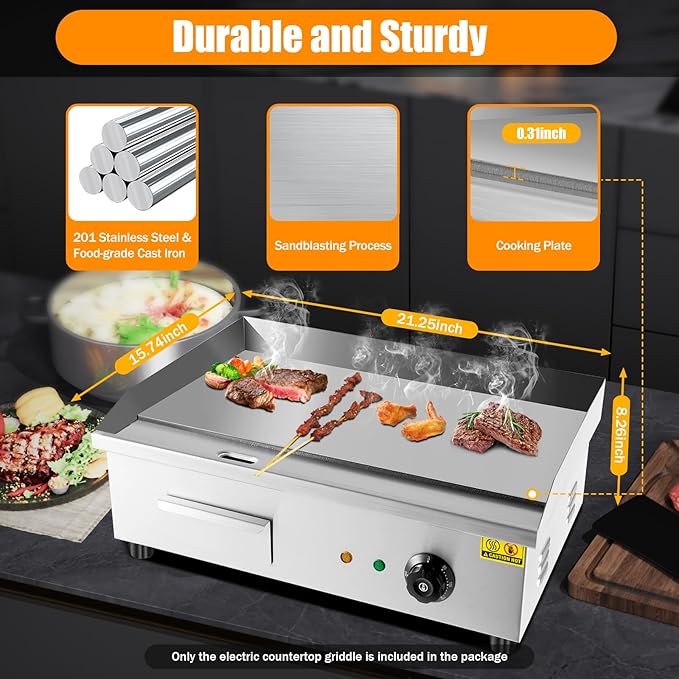 3000W Commercial Electric Griddle, Electric Countertop Griddle, Stainless Steel Teppanyaki Flat Top Grill for Processing Pancakes Steaks Hamburgers