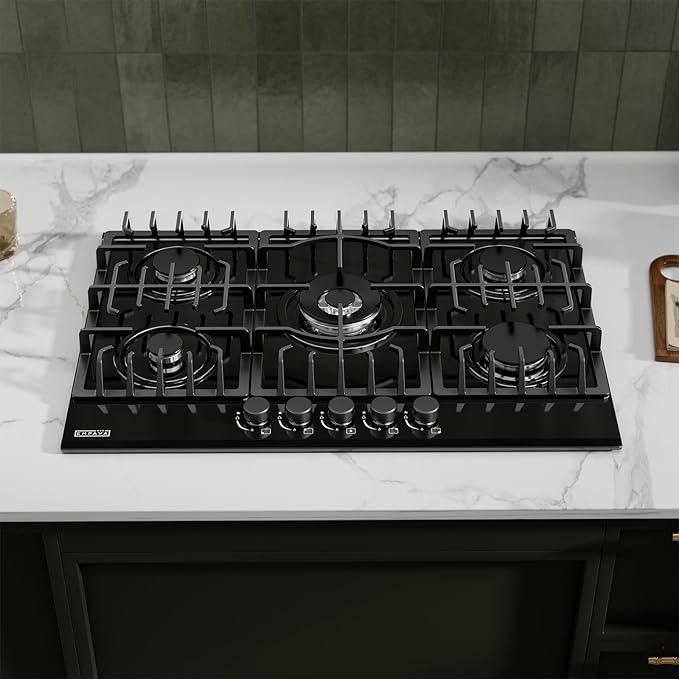 Empava 30 in. Gas Stove Cooktop 5 Italy Sabaf Sealed Burners NG/LPG Convertible in Black Tempered Glass, 30 Inch