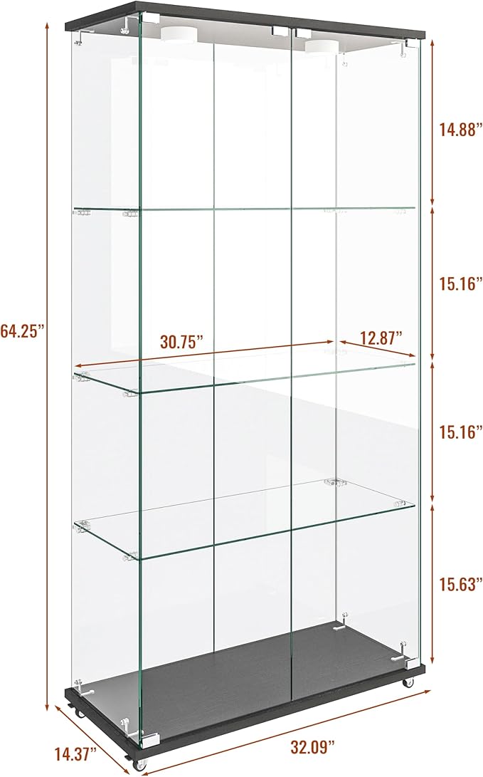 Yoluckea 4-Shelf Glass Display Cabinet with LED Lights, 2-Door Floor Standing Curio Cabinet with Universal Wheel for Home or Office, Black Glass Bookshelf for Collections, Decor, and Corner Display