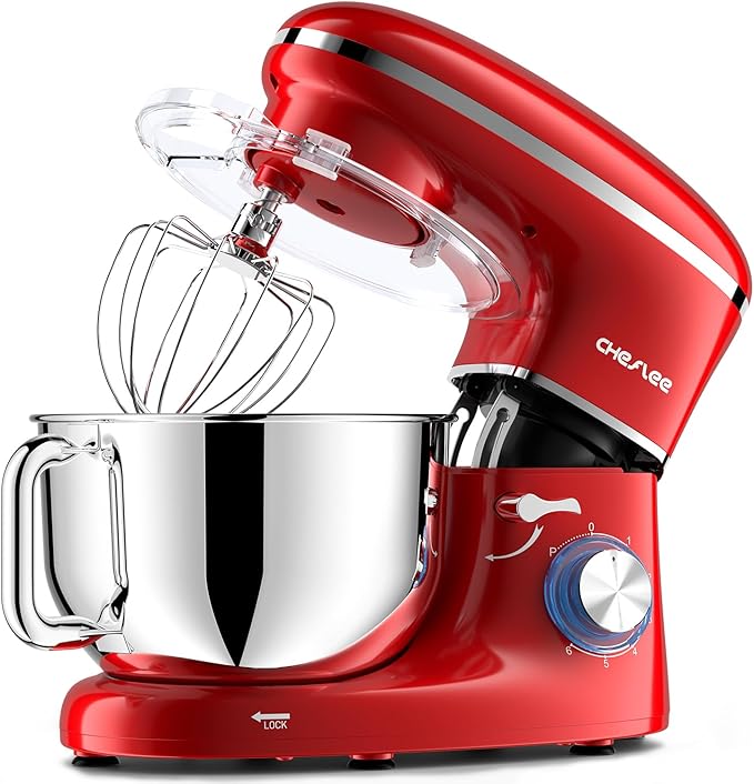 CHeflee Stand Mixer,660W 6+P With 6.5QT Stainless Steel Bowl,Dough Hook, Wire Whip & Beater,for Most Home Cooks (Red)