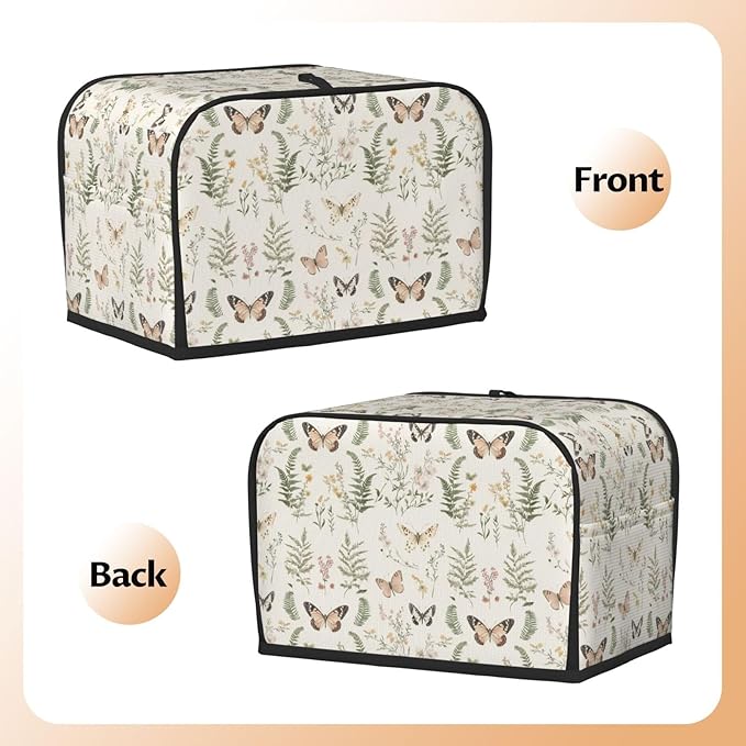 2 Slice Toaster Cover for Kitchen Botanical Wildflower Leaf Butterfly Waterproof Dustproof Toaster Dust Cover with Side Pockets Decorative Universal Cover for Wide Slot Toasters Small Appliances