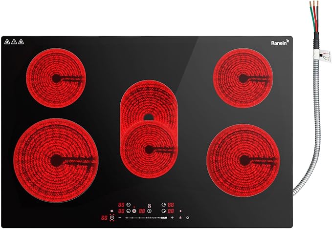 Ranein Electric Cooktop with 5 Burners, 30 inch 8800W 240V Ceramic Panel Electric Cooktop, Multiple Safety Protections Stove, Touch Screen