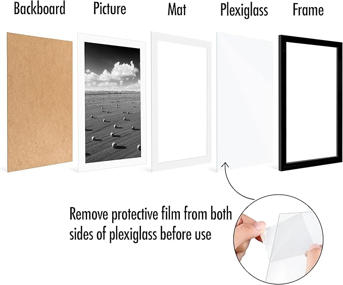 Americanflat 11x17 Picture Frame with Polished Plexiglass - Set of 5 - Use as 9x15 Frame with Mat or Display 11x17 Photo Without Mat - Galleria Collection - Picture Frames for Wall Display - Black