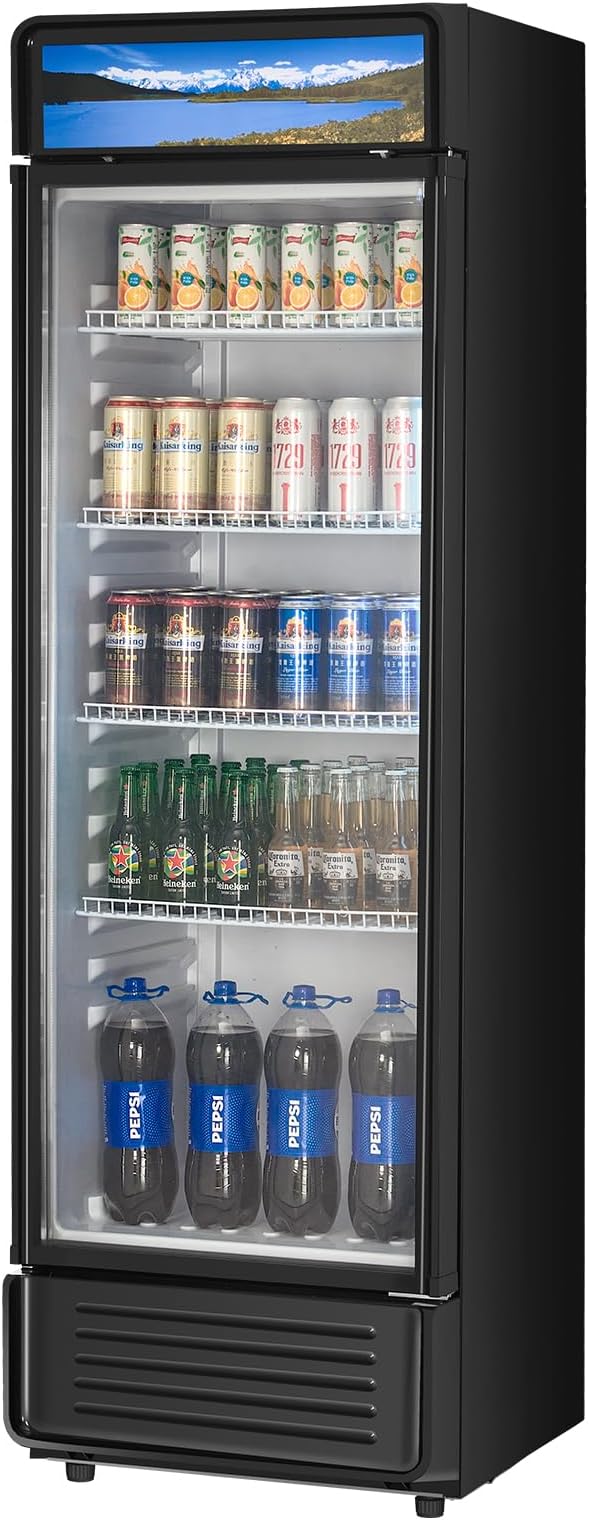VEVOR Commercial Merchandiser Refrigerator, 13.3 CU.FT Glass Door Display Refrigerator, Beverage Cooler Merchandiser with Adjustable Shelves, Soft LED Light, Customizable Lightbox, Black