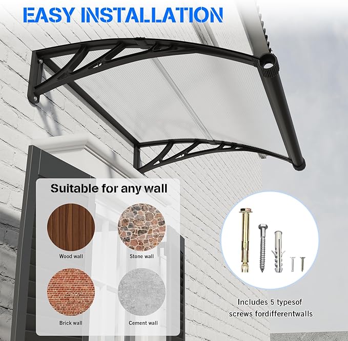 Awning for Door Entrance with Drainage Sink,40x60 Inch Awnings for Doors,Window Canopy Exterior with Plastic Steel Bracket,Polycarbonate Cover,UV,Rain,Snow Protection for House,Porch,Patio,Deck