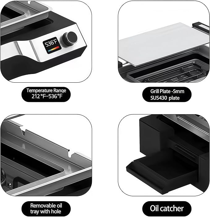 Electric Griddle Indoor, 14" Adjustable Temp Control 536° Electric Flat Top Grill, 5MM Stainless Steel Plate Even Heat Retention, Removable & Dishwasher Plates Electric Grill for Indoor Outdoor
