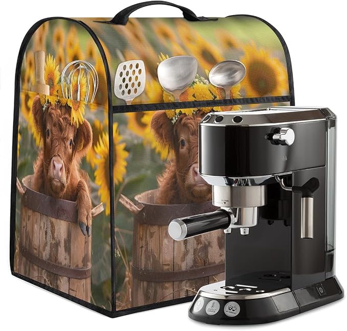 Kitchen Aid Mixer Cover Sunflowers Cute Highland Cow Stand Mixer Cover Compatible with 6-8 Quarts Stand Mixers, Dust Covers with Zipper Pocket Foldable Washable Kitchen Aid Organizer Bag