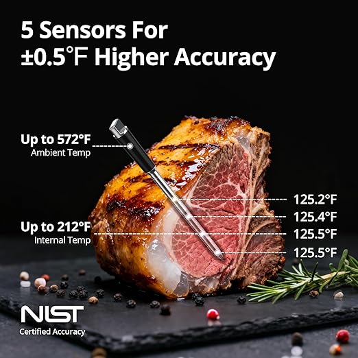 INKBIRD WiFi 5G Wireless Meat Thermometer Digital, 4 Sensor Smart Bluetooth Digital Food Thermometer, NIST Approved Accuracy 0.5°F, Temp Alarms for Rotisserie Air Fryer Sous Vide Grill Oven BBQ