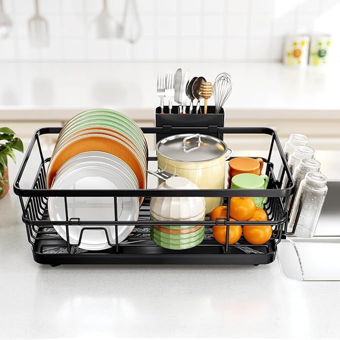 TOOLF Large Dish Drying Rack for Kitchen Counter,Kitchen Dish Racks with Drainboard,Sink Dish Strainer Rack,Countertop Dish Drainer Rack with Cup & Utensil Holders,Black