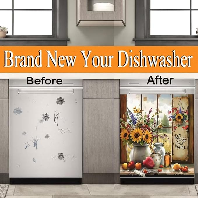 Country Rustic Window Sunflower Dishwasher Magnet Cover,23" x 17" Dishwasher Cover,Bless Our Home Magnetic Decal Vinyl Sticker Kitchen Decor Refrigerator Magnets Self Adhesive Wrap