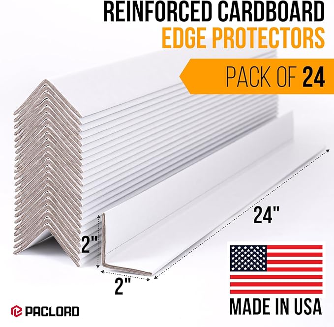 24" x 2" x 2" Reinforced Cardboard Edge Protectors, White (Pack of 24) – 0.16" Thick Heavy-Duty Cardboard Corner Protectors for Shipping – American Quality V-Board Pallet Edge Protectors