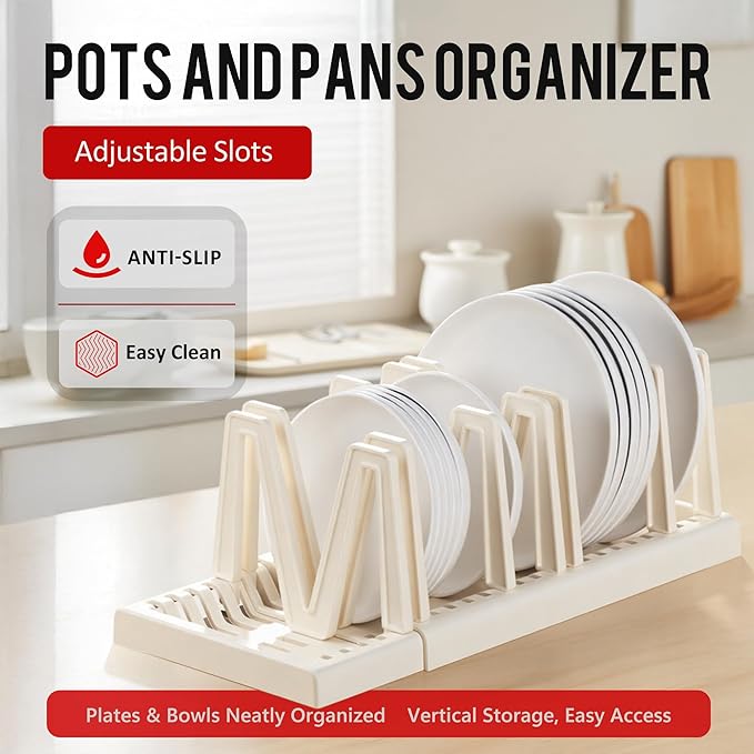 Li&Zhao Pots and Pans Organizer under Cabinet - Extended Dining Tray Storage Rack Cutting Board Rack Lid Holders inside Cabinet with 7 Adjustable Compartment for Kitchen Storage(White)
