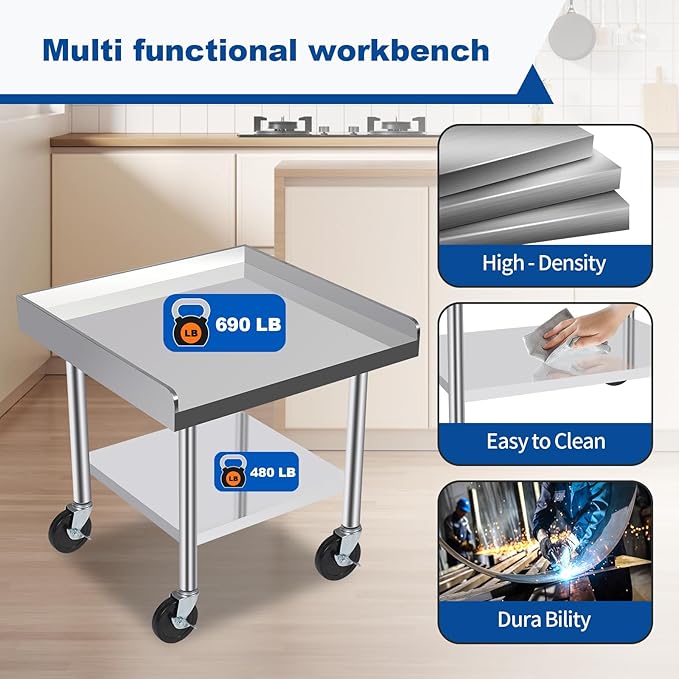 Commercial-Grade Stainless Steel Workstation Table with Under Shelf & Lockable Casters (24"x24"x24")