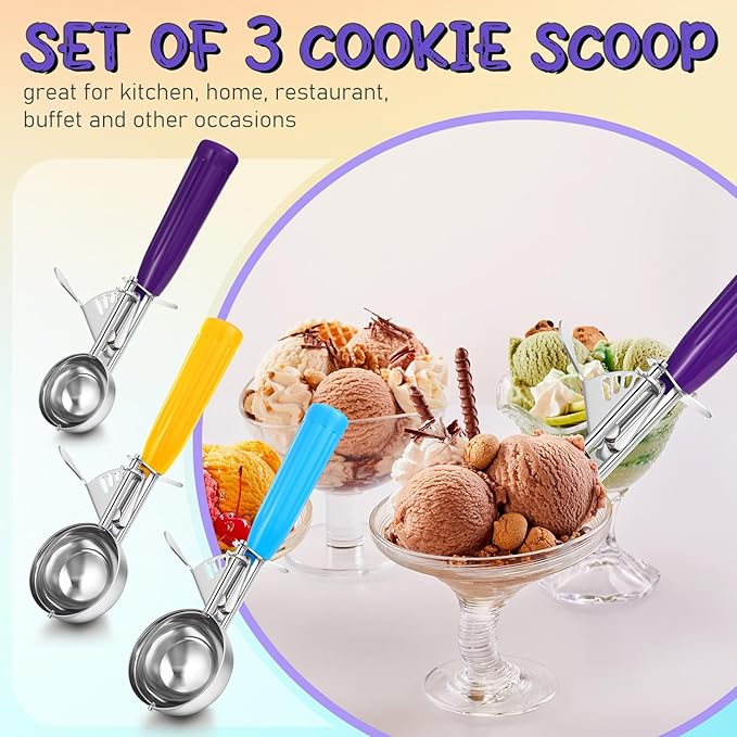 3 Pcs Release Cookie Scoops Ice Cream Scooper with Trigger Release Portion Scoop Stainless Steel for Portion Control, Baking Food, Cookie Dough (1 Oz+2 Oz+2.65 oz,Purple,Yellow,Blue)