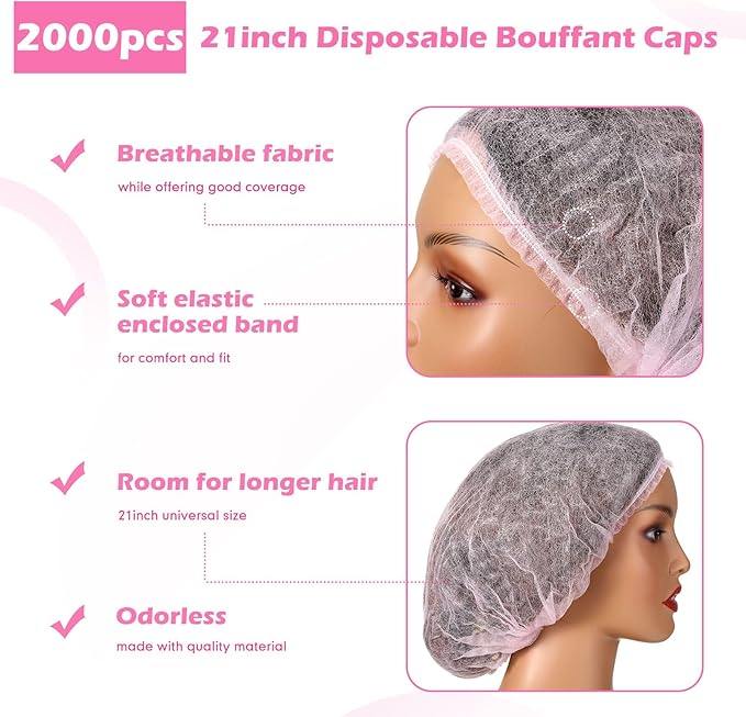 Yahenda 2000 Pcs Disposable Hair Nets Bulk 21 Inch Non Woven Bouffant Caps for Food Service Cooking Medical Salon Spa Beauty