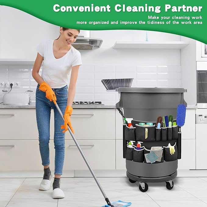 Trash Can Caddy Organizer with 10 Pockets - Cleaning Supply Holder for 32-55 Gallon Round Garbage Bins | Adjustable Strap Storage Bag for Sponges, Gloves, Spray Bottles, Cleaning Tools