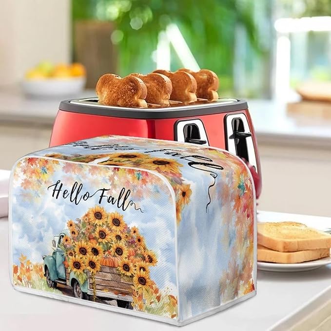 UNICEU Hello Fall 4 Slice Quilted Toaster Covers, Farmhouse Truck with Sunflower Dust-proof Toaster Bread Maker Kitchen Small Appliance Dust Cover