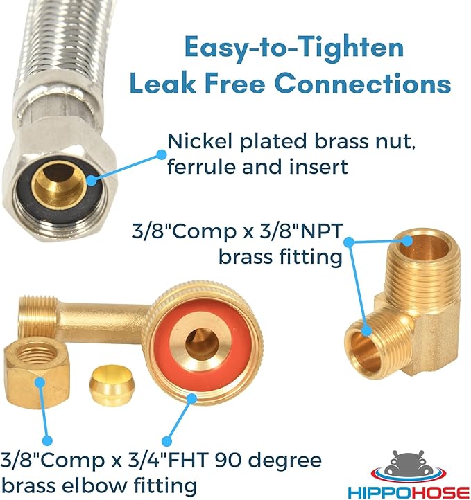 Hippohose 20 FT Stainless Steel Dishwasher Water Hose Kit - Universal Fit, Braided SS, 3/8'' Connections, 5-Year Warranty