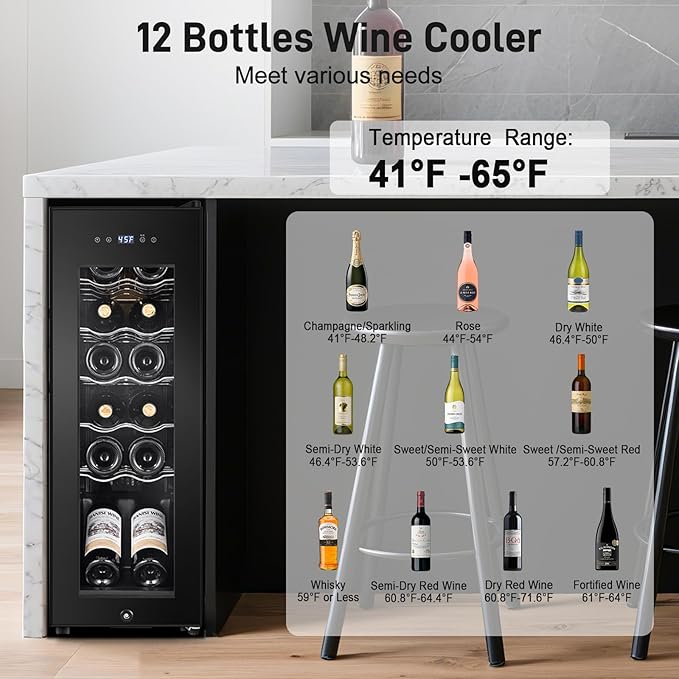 Tylza 12 Bottles Wine Fridge, Wine Cellar with Powerful Compressor, LED Touchscreen, Low-E Tempered Glass Door, Lock, Wine Cooler Refrigerator for Red, White, Champagne or Sparkling Wine, Black